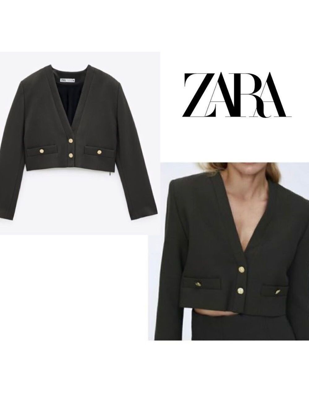 Zara khaki green gray cropped bolero blazer jacket Sz M shoulder pads NWOT